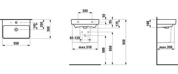 LAUFEN Waschtisch PRO S 550 x 380 mm, kompakt mit Überlauf, 1 Hahnloch-Ausführung weiß