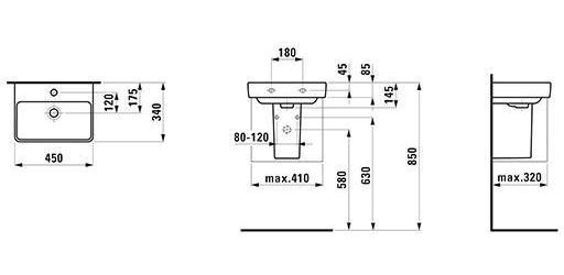 LAUFEN Handwaschbecken PRO S 450 x 340 mm mit Überlauf, 1 Hahnloch-Ausführung weiß