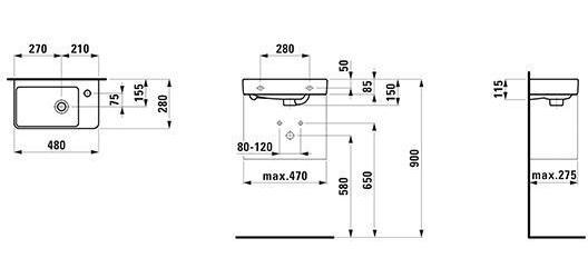 LAUFEN Handwaschbecken PRO S 480 x 280 mm, asymmetrisch rechts mit Überlauf, 1 Hahnloch-Ausführung weiß