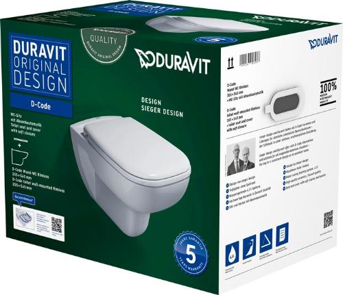 Duravit Wand-WC-Set D-Code 355x540mm weiß spülrandlos, mit WC-Sitz
