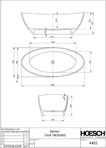 HOESCH Badewanne Namur 1900 x 900 x 450 mm, freistehend weiß