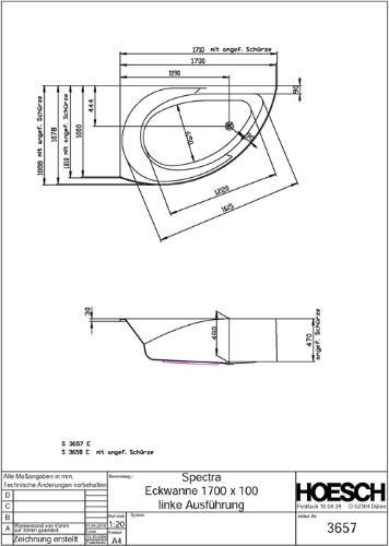 HOESCH Eck-Badewanne Spectra linke Ausführung 1700 x 1000 x 480 mm weiß