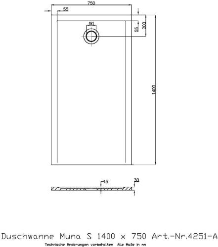 HOESCH Duschwanne Muna S 1400x750x30mm weiß 1400 x 750 x 30 mm weiß
