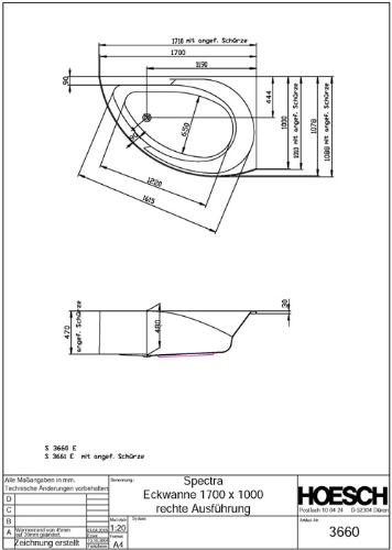 HOESCH Eck-Badewanne Spectra rechte Ausführung 1700 x 1000 x 480 mm weiß