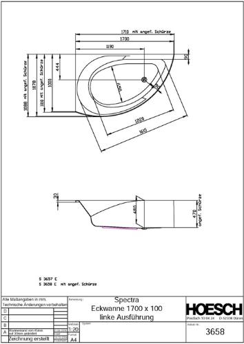 HOESCH Eck-Badewanne Spectra linke Ausführung 1710 x 1010 x 480 mm weiß