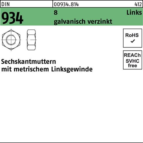 Reyher Sechskantmutter DIN 934 links M 16 -LH 8 galvanisch verzinkt