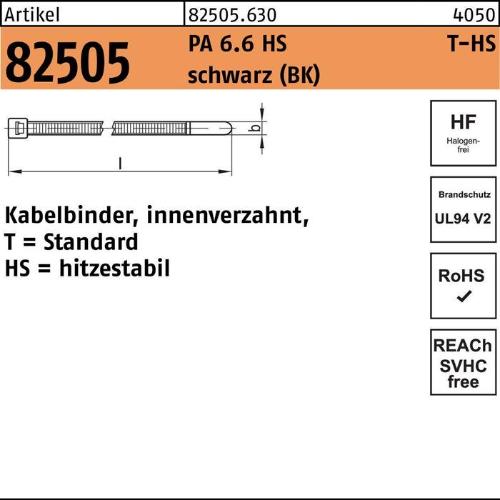 HellermannTyton Kabelbinder R 82505 innenverzahnt 2,5 x 100 / 22 Polyamid 6.6 HS schwarz hitzestabil