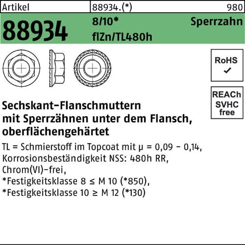 Reyher Sechskantflanschmutter R 88934 Sperrzahn M 6 8 zinkbesch Gleitmittel flZnnc 480h-L