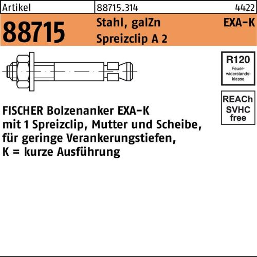 fischer Bolzenanker R 88715 EXA M 8 K Stahl galvanisch verzinkt/Spreizclip A 2 Spreizclip A 2