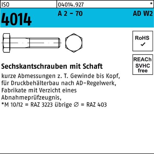 Reyher Sechskantschraube ISO 4014 m.Schaft M 20 x 140 A 2 - 70 AD-W2