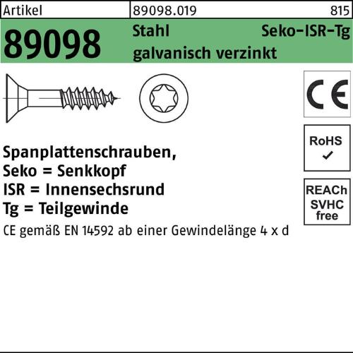Reyher Spanplattenschraube R 89098 SEKO Innensechsrund TG 4,5 x 80/48 -T20 Stahl galvanisch verzinkt