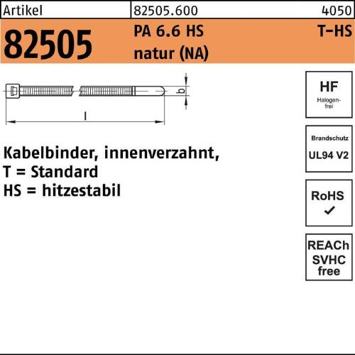 HellermannTyton Kabelbinder R 82505 innenverzahnt 7,5 x 390 /108 Polyamid 6.6 HS natur hitzestabil