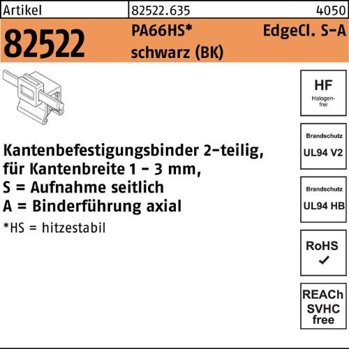 HellermannTyton Befestigungsbinder R 82522 m.Edgeclip 4,6 x 200/45 PA66HS schwarz seitlich-axial