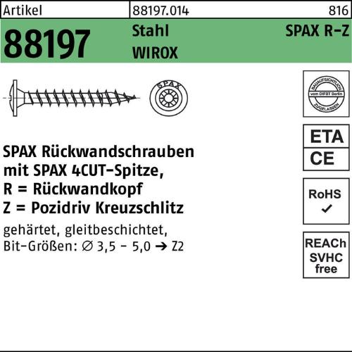 SPAX Rückwandschraube R 88197 m.Spitze/Kreuzschlitz-PZ 4,5 x 25/22-Z Stahl galvanisch verzinkt WIROX
