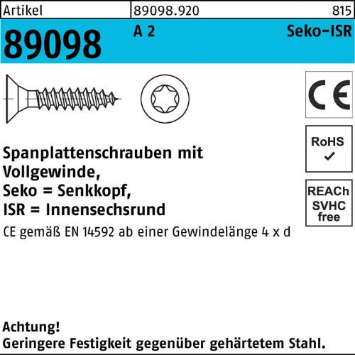 Reyher Spanplattenschraube R 89098 SEKO Innensechsrund VG 4,5 x 70 -T20 A 2