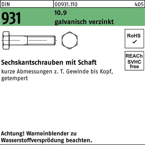 Reyher Sechskantschraube DIN 931 m.Schaft M 16 x 180 10.9 galvanisch verzinkt