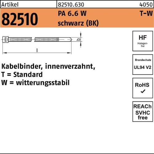 HellermannTyton Kabelbinder R 82510 innenverzahnt 4,7 x 300 / 85 Polyamid 6.6 W schwarz witterungsstabil