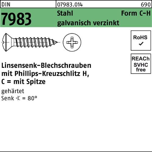 Reyher Linsensenkblechschraube DIN 7983 m.Kreuzschlitz-PH C 6,3 x 50 -H Stahl gehärtet galvanisch verzinkt