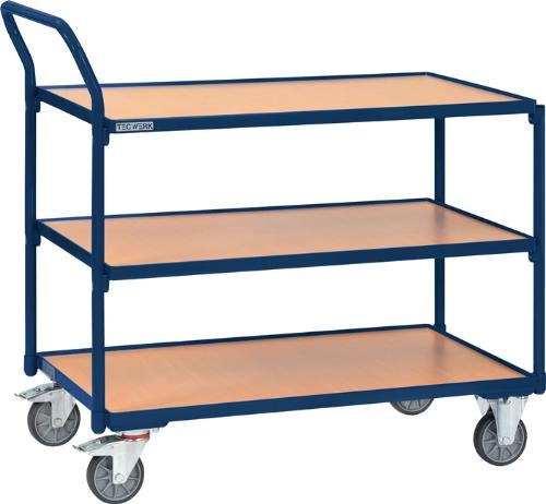 TECWERK Tischwagen 3 Ladeflächen L850xB500mm saphirblau, RAL 5003 Trgf.300 kg Schiebebügel senkrecht