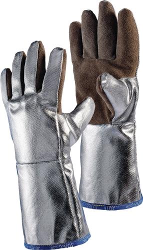 JUTEC Hitzeschutzhandschuhe 5-Fingerhandschuh 10 braun/silber Spaltleder m.alumin.Preox-Aramidgewebe EN 388, EN 407 PSA-Kategorie III