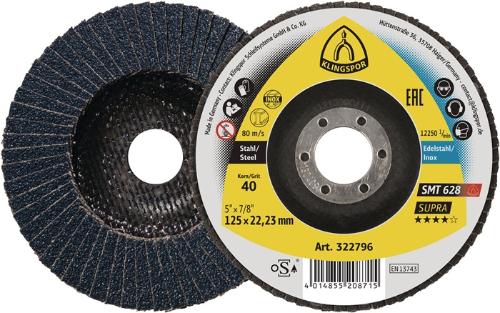 KLINGSPOR Fächerscheibe SMT 628 Supra Ø 125 mm Körnung 40 flach INOX Zirkonkorund