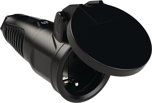 JÄGER Schutzkontaktkupplung 10-/16~ A 250 V schwarz IP54 Vollgummi, mit Federklappdeckel