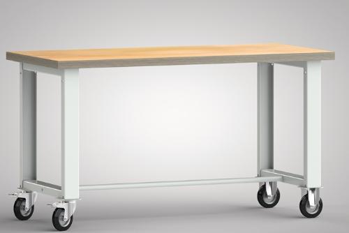 KLW LUTZ Werkbank B1500xT700xH840mm Buche Multiplex lichtgrau Bock-u.Lenkrollen, Vollgummi Ø 125 mm