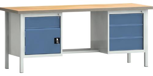 KLW LUTZ Werkbank PW 700 B2000xT700xH840mm Buche Multiplex lichtgrau / brillantblau 4 Schubl. 1 Tür