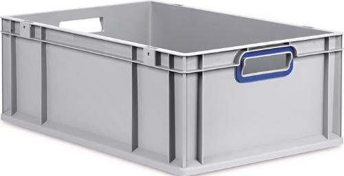 ALLIT Transportstapelbehälter L600xB400xH220mm grau PP offener Griff blau Seitenwände geschlossen