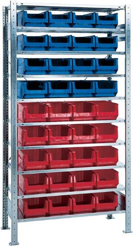 Quality Brand Steckregal H2000xB1000xT400mm Grundregal 10 Stahlböden 16 x MK3Z blau, 20 x MK3Z rot