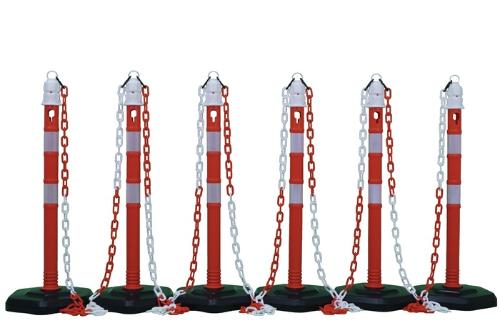 TEMKA GmbH Sperrpfostenset PPC rot/weiß mit Sechskantfuß D63xH1000mm 6 Pfosten und 5 Ketten