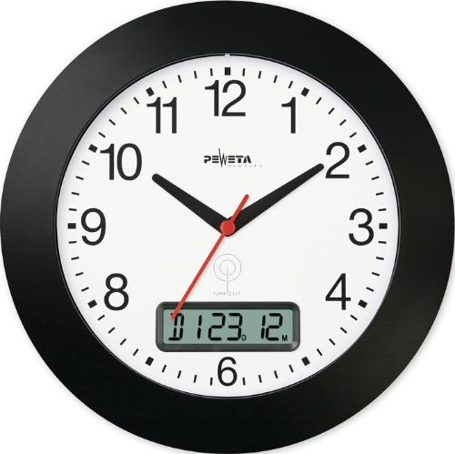 PEWETA Wanduhr Funkuhr Kunststoff schwarz Ø 300 mm Zahlen