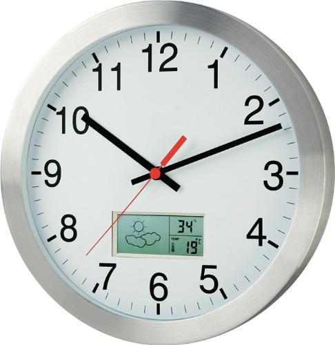 PEWETA Wanduhr Funkuhr Aluminium mattsilber 1,5 V Ø 300 mm Zahlen mit Thermo-/Hygrometer