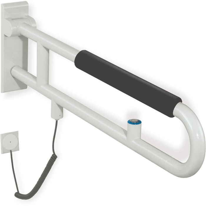 HEWI Stützklappgriff E-Ausführung Serie 801 Spültaste, mit Armpolster 850 mm lichtgrau