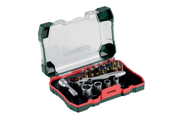 metabo Bitsortiment 26tlg. Bit-L.25mm Steckschlüssel1/4Zoll S2-Stahl Farbcodierung m.Schnellwechselbith. Brutto-G.0,403kg