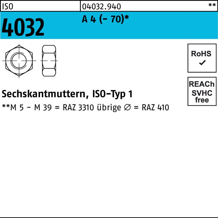 BUFAB Sechskantmutter ISO 4032 M 5 A 4 (- 70)