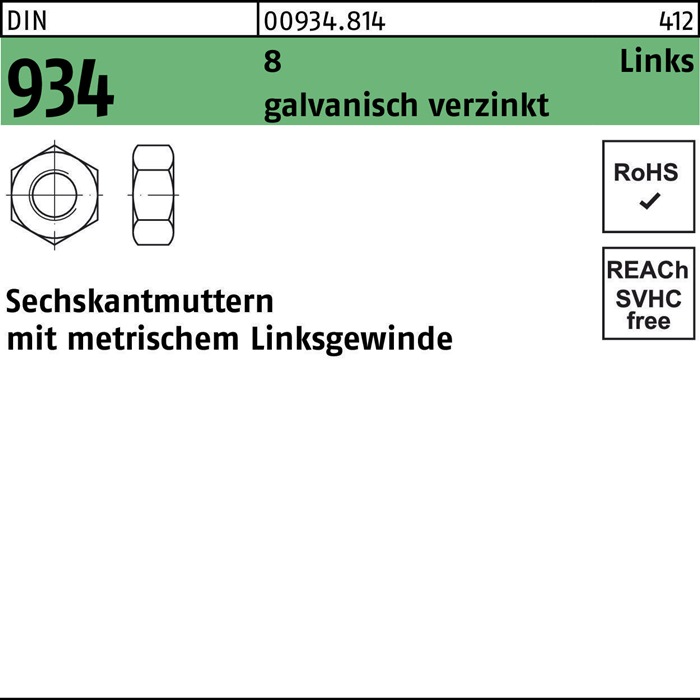 Reyher Sechskantmutter DIN 934 links M 16 -LH 8 galvanisch verzinkt