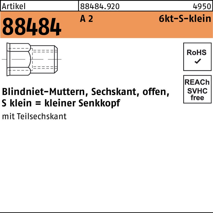 Reyher Sechskantblindnietmutter R 88484 SEKO M 6 /0,5 -3,0 A 2