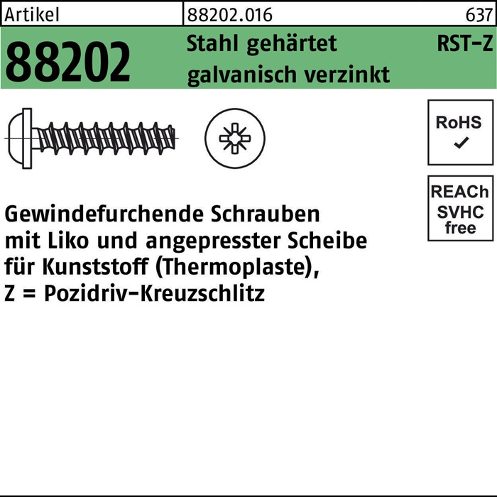 Reyher Gewindefurchendeschraube R 88202 Liko Kreuzschlitz-PZ 5 x 16 -Z Stahl gehärtet galvanisch verzinkt