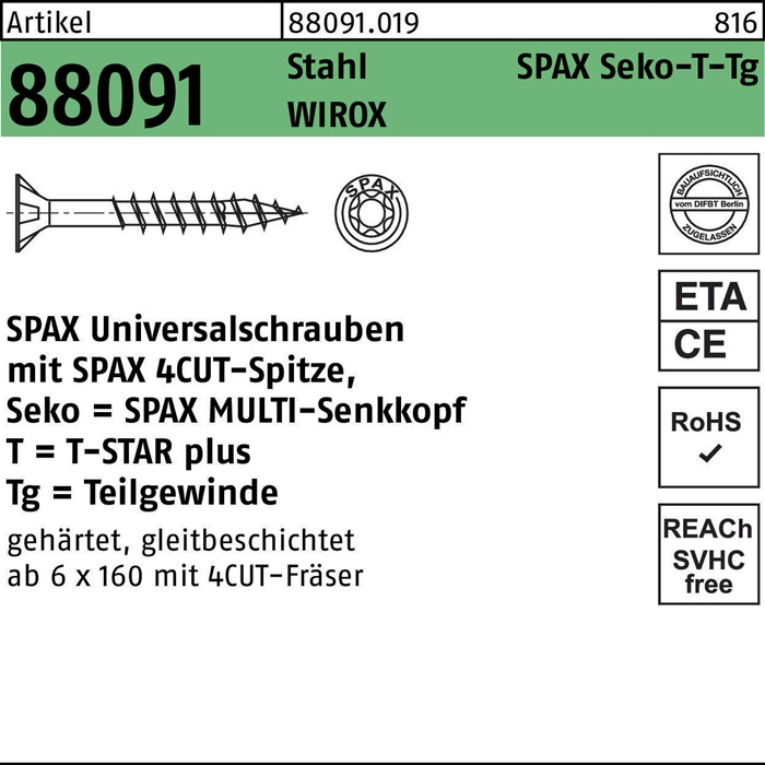 SPAX Schraube R 88091 Senkkopf/T-STAR TG 4,5 x 60/37-T20 Stahl WIROX