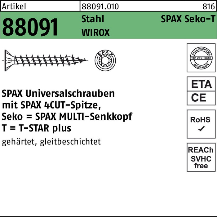SPAX Schraube R 88091 Senkkopf/T-STAR 3 x 12/10-T10 Stahl WIROX