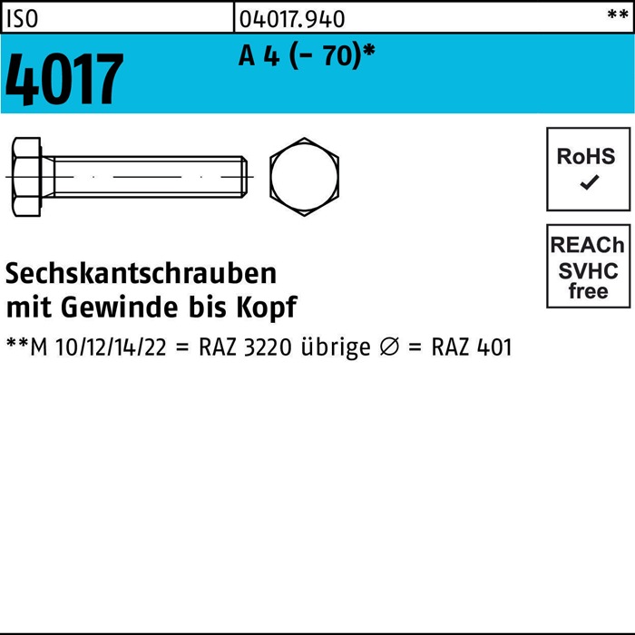 BUFAB Sechskantschraube ISO 4017 VG M 12 x 30 A 4 (- 70)