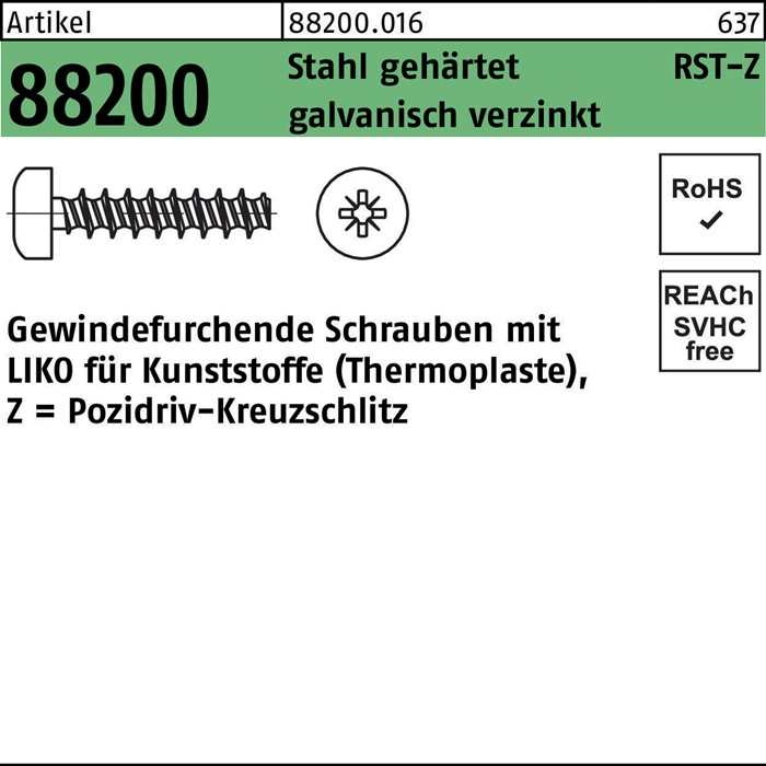 Reyher Gewindefurchendeschraube R 88200 Liko Kreuzschlitz-PZ 5 x 20 -Z Stahl gehärtet galvanisch verzinkt