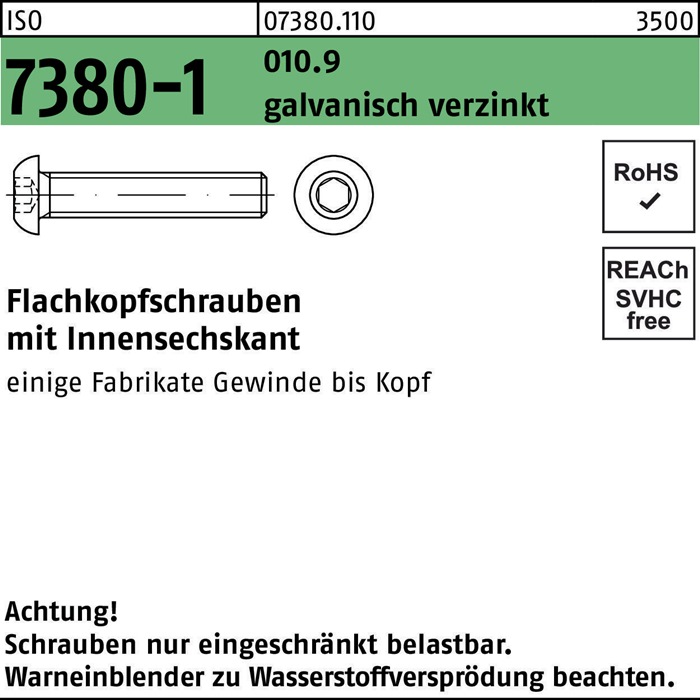 Reyher Flachkopfschraube ISO 7380-1 m.Innensechskant M 8 x 50 010.9 galvanisch verzinkt