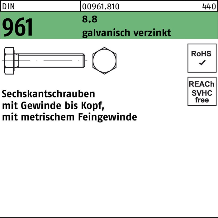 Reyher Sechskantschraube DIN 961 VG M 14 x1,5 x 45 8.8 galvanisch verzinkt
