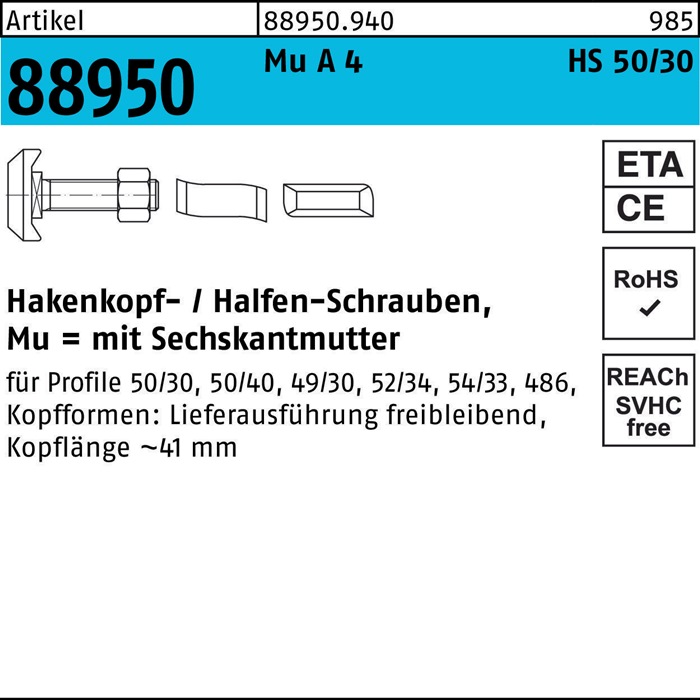 HALFEN Hammerkopfschraube R 88950 Typ 50/30 6-kantmutter M 20 x 75 Mu A 4