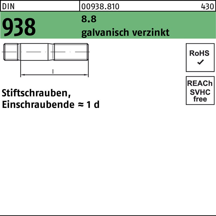 Reyher Stiftschraube DIN 938 M 24 x 150 8.8 galvanisch verzinkt