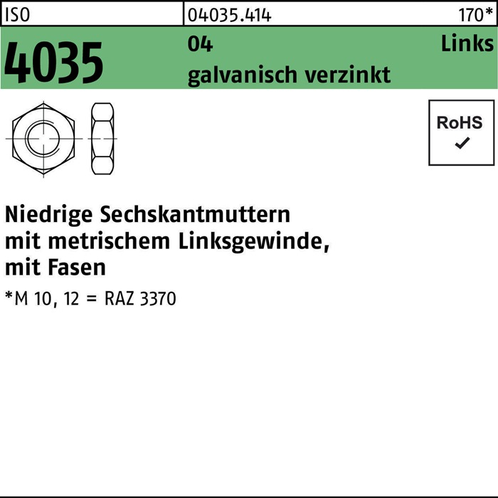 Reyher Sechskantmutter ISO 4035 niedrig m.Fasen links M 16 Automatenstahl galvanisch verzinkt