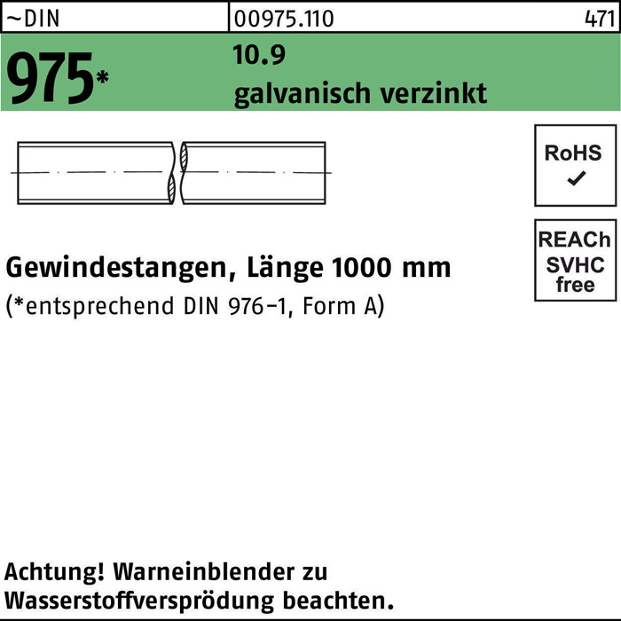 Reyher Gewindestange DIN 975 M 16 x 1000mm 10.9 galvanisch verzinkt