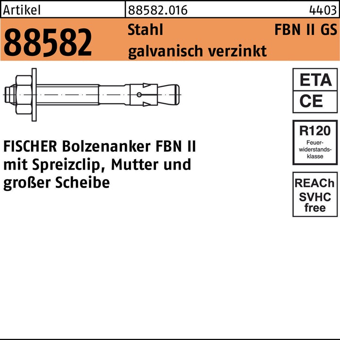 fischer Bolzenanker R 88582 FBN II 12/ 80 GS Stahl galvanisch verzinkt galvanisch verzinkt